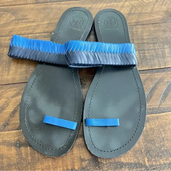 Tory Burch Neptune Baltic Blue Bi-Color Woven Flat Sandal - Picture 1 of 5